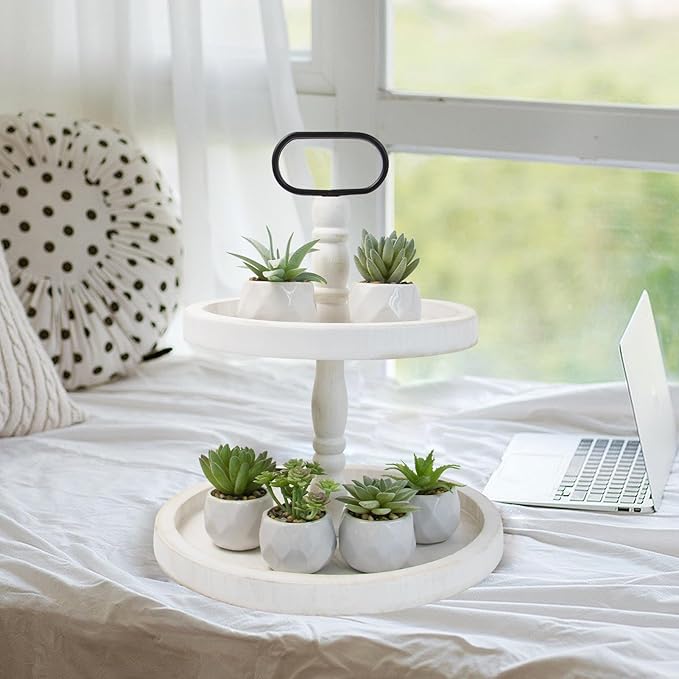 Rustic 2 Tiered Tray Decor, Coffee Color, Wooden Material, Round Shape