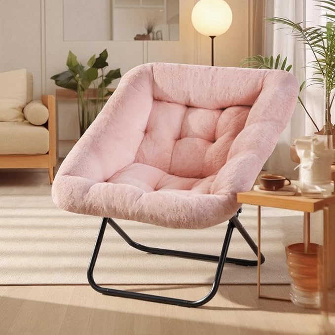 DUMOS Comfy Chair for Adults, Soft Faux Fur Folding Lounge for Bedroom Living Room Dorm Rooms Flexible Reading Chair for Teens, Large Size Foldable (Square-Blush)