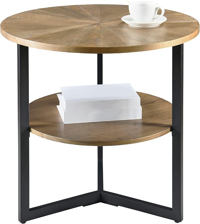 Round End Table with Storage Shelf, 25in Circel Accent Side Table with Metal Legs, 2-Tier Industrial Sofa Side Table for Living Room Bedroom, Yellowish Brown