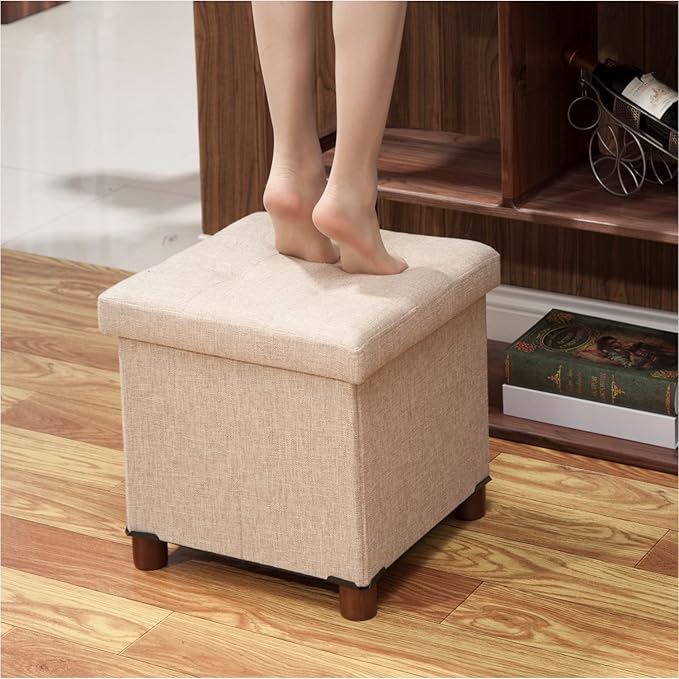 15 Inch Storage Ottoman with Wooden Legs - Cube Foot Rest Stool, Square Footstool, Comfortable Seat with Lid, Foldable Fabric Ottoman, Space-Saving Beige