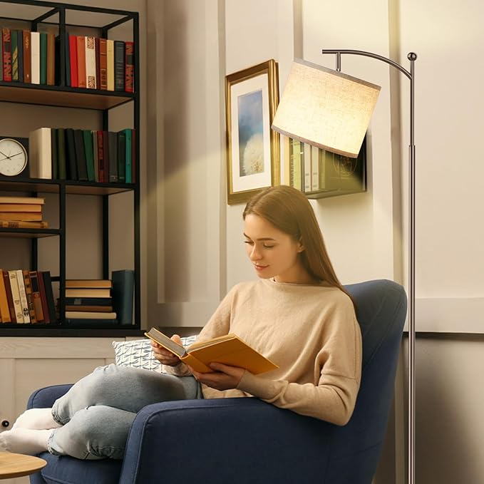 60" Floor Lamps for Living Room with 3 Color Temperatures, Adjustable Beige Shade with Brown Pole, Tall Lamps for Living Room Bedroom Office Classroom Dorm Room, 9W Bulb Included