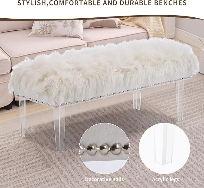 Modern White Faux Fur Ottoman Bench - Upholstered Furry Bench with Acrylic Legs for Bedroom, Living Room, Entryway, Vanity or Bed End
