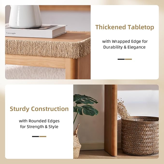 43" Wood Console Table for Entryway, Farmhouse Narrow Entry Tables with Rattan Decor, Boho Skinny Couch Table Behind Sofa for Living Room, Hallway, Foyer, Natural