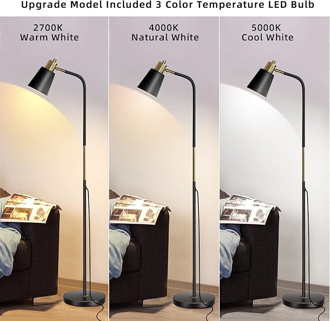 Floor Lamp, Dimmable Floor Lamps for Living Rooms & Bedrooms, Farmhouse Reading Lamp - Standing, Adjustable Metal Heads Indoor Task Lighting for Living Room Bedroom Office (Dimmable Black)