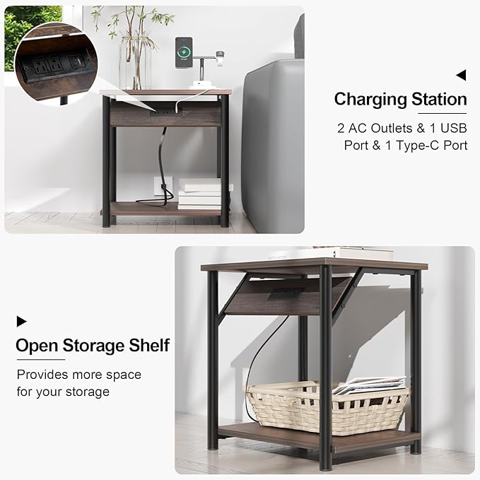 Night Stands Set of 2, Small End Tables with Charging Station, Small Side Tables for Living Room, Bedside Tables with 2-Tier Storage Shelf, Nightstand with Outlets and USB Ports, Rustic Grey/Black