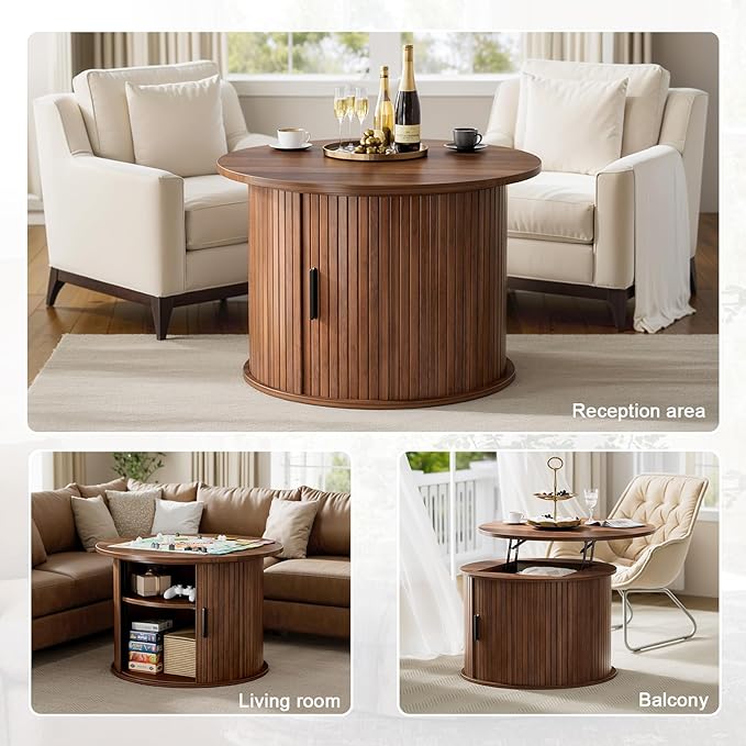 FABATO Round Lift Top Coffee Table, Fluted Wood Accent Coffee Table with Hidden Storage and Open Shelves, Drum Table with Sliding Rolling Door, Small Center Table Dining Table for Living Room, Walnut