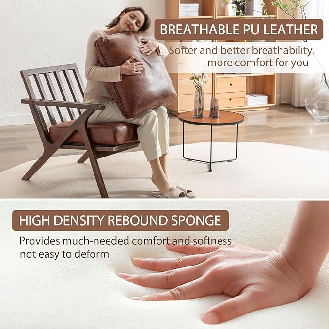 INZOY Mid-Century Modern Accent Chair with Wood Frame, PU Leather Living Room Chair and Soft Thick Padded Armchair for Living Room Bedroom Reception with Removable Upholstered Cushions, Reddish Brown