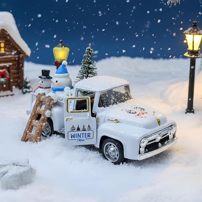 Let It Snow Winter Snowflake Decorations Farmhouse Metal Truck with Mini Snowman Xmas Tree Figurines Christmas Table Decorations Indoor Holiday Winter Tiered Tray Decor for Home Kitchen Party Favor