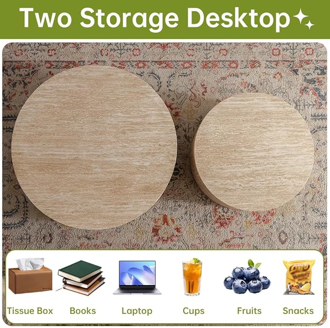 Round Nesting Coffee Table Set of 2 Small Round Coffee Tables for Living Room Modern Fluted Coffee Table Circular End Table Side Table for Small Spaces No Assembly (Travertine, 27 in)