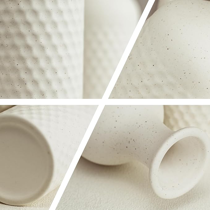 Small Ceramic Vases Set for Home Decor, Textured Matte Finish Honeycomb Texture, Modern Farmhouse Vases for Coffee Table, Bookshelf, Kitchen, Bathroom, Office Desk Decor (Beige)