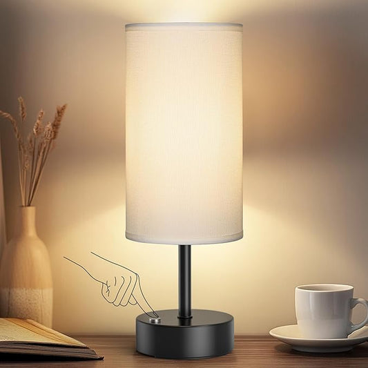 ROTTOGOON Cordless Table Lamp Touch Control Dimmable Small Bedside Table Lamps with Beige Fabric Shade 5000mAh Rechargeable Battery Powered Desk Lamp for Bedroom,Home,Office,Dorm-Black