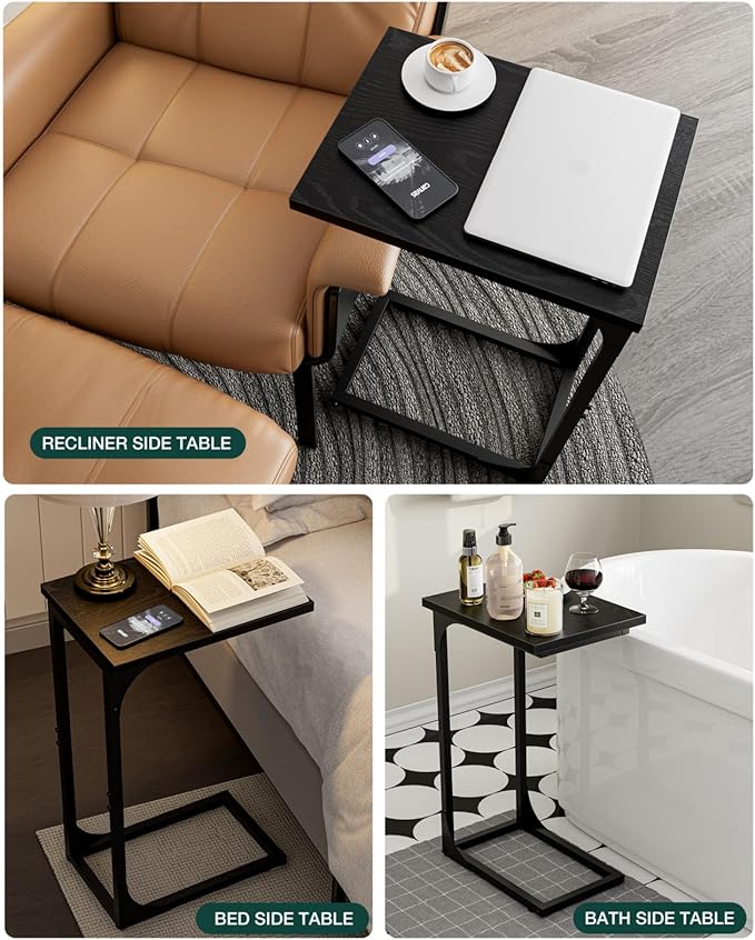 C-Shaped Side Table for Couch - Small Coffee Stand Sofa Tray Desk with Metal Frame and Waterproof Scratch Resistant, Modern End Accent for Living Room, Bedroom, Small Spaces, Black