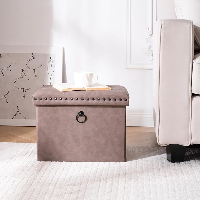 16 Inches Folding Cube Storage Ottoman, Small Leather Foot Rest Stool with Button Tufted Rivet Design, Footstool Bench, Ottoman with Storage for Living Room, Coffee Table 242 lbs, Oak Brown