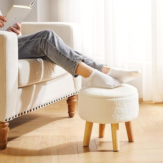 IBUYKE 13 Inch Foot Stool Ottoman with Storage, Round Small Foot Rest with Padded Seat and Wood Legs, Teddy Velvet Mini Footstool for Living Room Couch Bedroom Entryway, Cream WBD006W