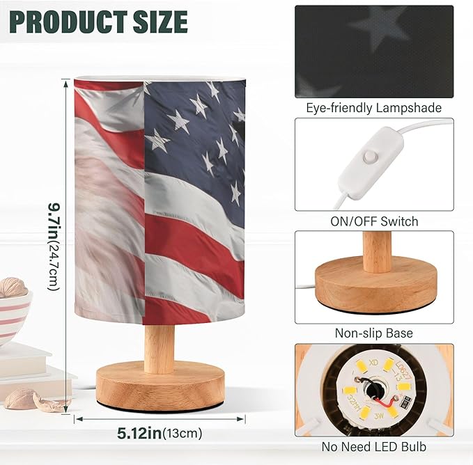 Table Lamp Bald Eagle American Flag Patriotic USA Pattern Nightstand Lamp with Wood Base Fabric Lamp Shade Bedside Desk Lamp for Living Room Bedroom Kids Room Office