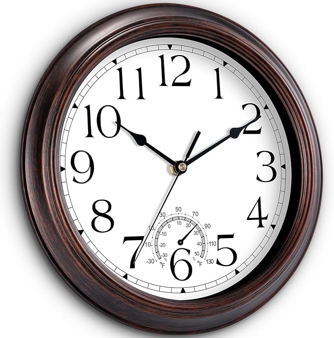 14 Inch Outdoor Wall Clock with Thermometers, Vintage Silent Wall Clocks Battery Operated, Retro Non-Ticking Clock Decorative for Living Room, Patio, Kitchen, Office, Bathroom, Bedroom(Bronze)