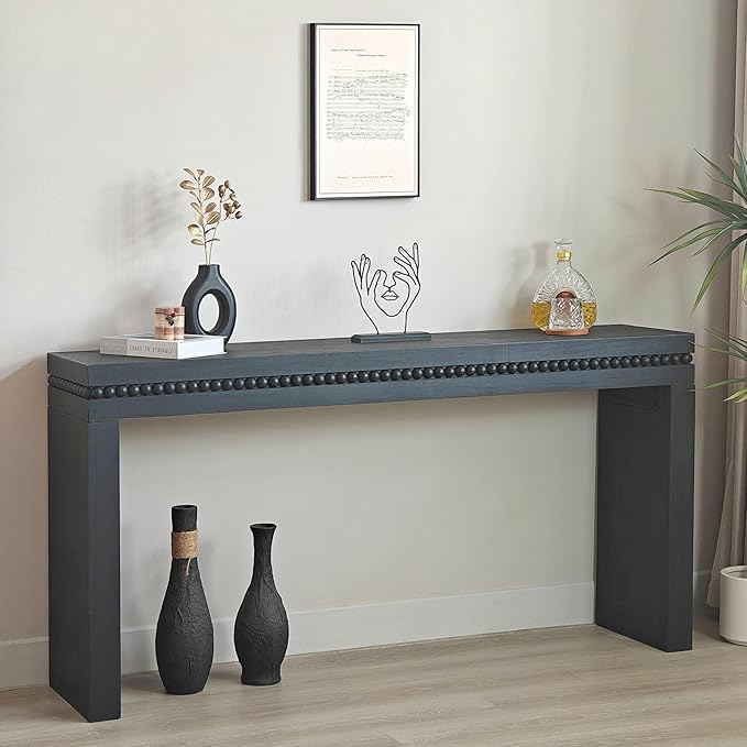 64" Console Table for Living Room, Long Sofa Table Behind Couch with Real Wood Beads Decoration, Retro Entryway Table for Hallway Foyer, Black