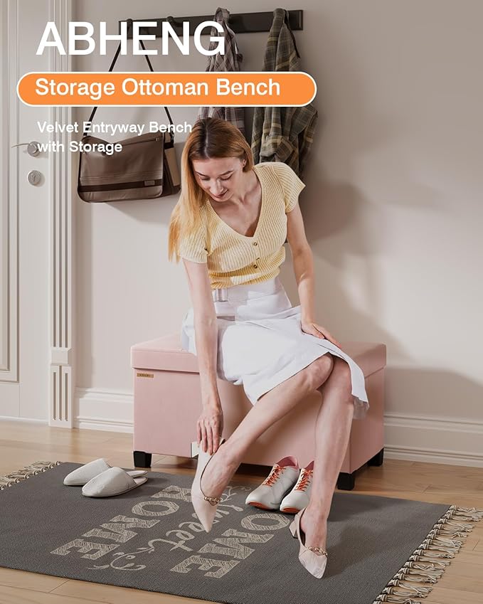 Foldable Storage Ottoman Bench, Velvet Footrest and Seat Cube with Feet, Storage Chest, for Living Room, Bedroom and Office, 15 x 30 x 15.7 Inches, Jelly Pink, ASND23P