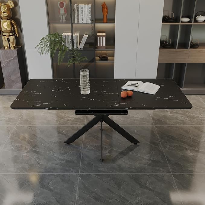 Marble Dining Table for 4-8, 62.4''-78.15'' Extendable Dining Table, Modern Kitchen Table, Space Saving Rectangular Table for Office and Dining Room(Black)