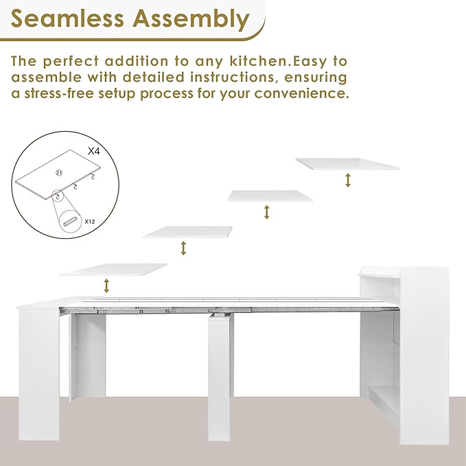 DMAITH 20"-99" White Extendable Dining Table with Storage for 2-10 People, Modern Modular Extension Table, Space-Saving Extra Long Folding Dining Table, Multifunctional Conference Meeting Table