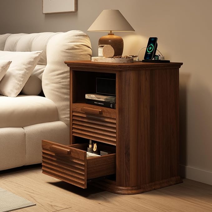 22'' Fluted Nightstand with Charging Station, Modern End Table with 2 Drawers and Open Storage, Wood Night Stand with Round Corner, Side Bedside Table for Bedroom, Living Room, Curved Profile,Walnut