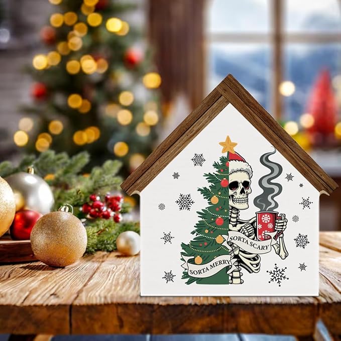 Funny Christmas Skeleton Coffee Bar Decor Sorta Merry Sorta Scary Skull House Shaped Wood Block Sign Xmas Holiday Kitchen Coffee Hot Cocoa Bar Decorations for Desk Table Shelf