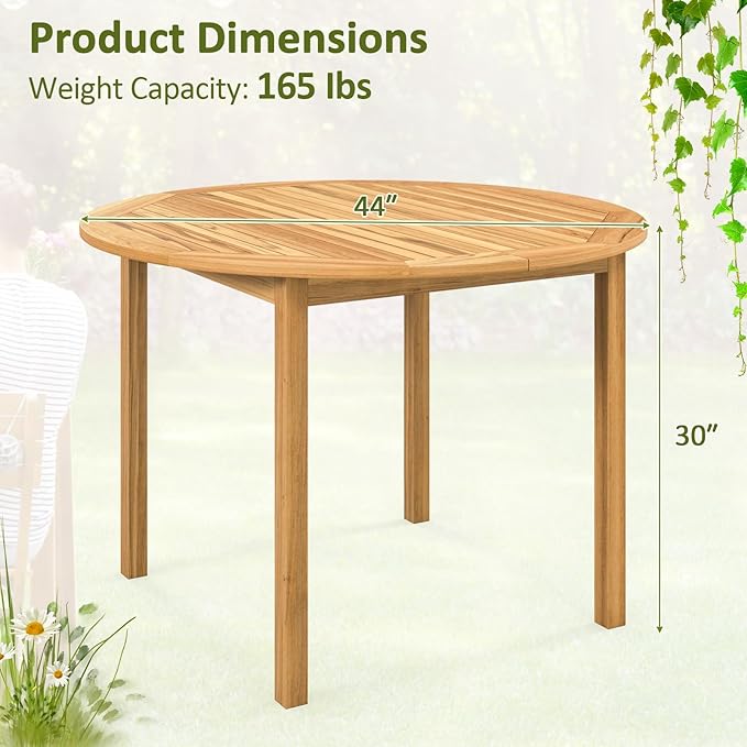 Tangkula Round Outdoor Dining Table, Acacia Wood 4-Person Large Dining Table, Farmhouse Patio Indoor Bistro Table, for Yard Deck Lawn Dining Room