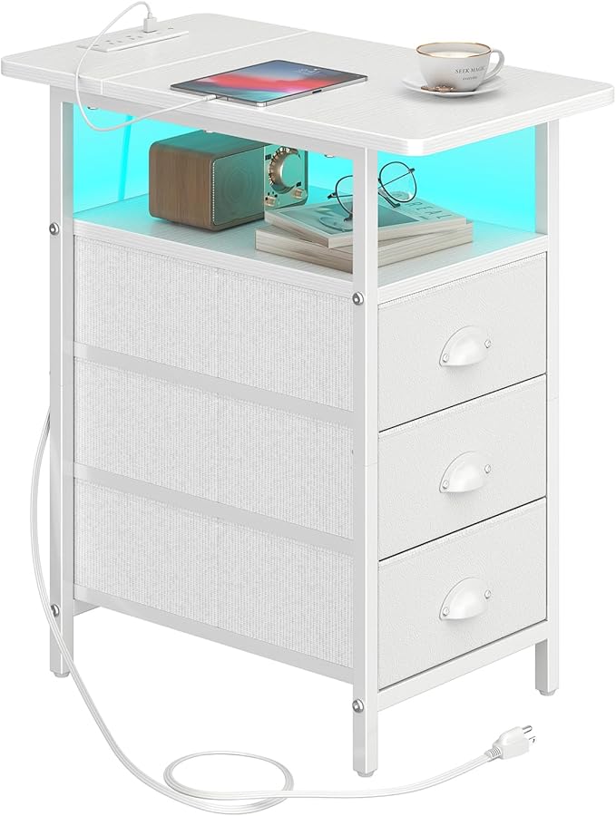End Table with Charging Station,LED Side Tables with USB Ports and Outlets,Narrow Nightstands Bedside Tables with 3 Drawers PU Finish for Small Space,Slim Sofa Table for Livingroom,White