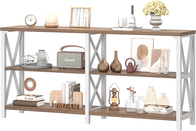 IBF Industrial Console Table, Wood and Metal Entryway Table with Shelves, Farmhouse White and Rustic Oak 3 Tier Sofa Tables for Living Room, Entry, Hallway 63 Inch