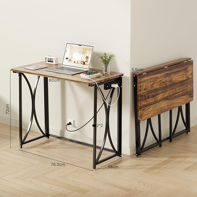 Small Desk, 31.5" Folding Table for Bedroom with Power Outlet, Space Saving Folding Computer Desk for Home Office, Easy Assembly, Brown