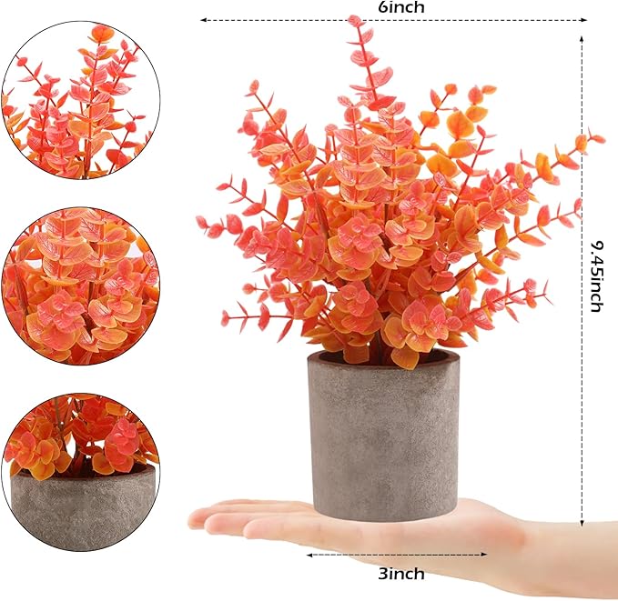 2 Pack Fall Small Fake Plants Eucalyptus Potted Artificial Plants Fall Decorations for Home Shelf Office Bathroom Desk Farmhouse Room Coffee Table Decor Fall Decor (Fall Orange)