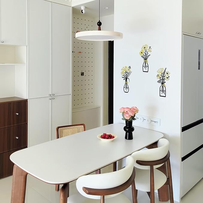 Iron Metal Vase Flower Wall Art Set of 3 - Minimalist Black Floral Decor for Living Room Bedroom Kitchen, Office Garden - Modern Farmhouse Home Decor & Housewarming Gifts (Black-Golden)