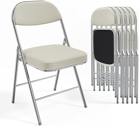 VINGLI 6 Pack Folding Chairs with Padded Seat & Backrest, Metal Frame, Durable Corduroy Fabric, 350 lbs Capacity, Set of 6, Off-White – Ideal for Weddings, Parties, Office Events