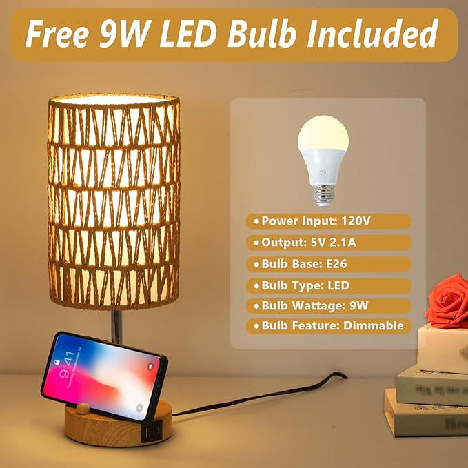 Bedside Lamps Set of 2 with Bulb, Touch Control Nightstand Lamp for Bedroom with Rattan & Linen Shade, 3 Way Dimmable Small Boho Table Lamps with USB Charging Port & Phone Stand