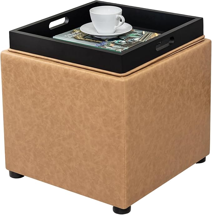 Adeco 18" Light Yellow Square Storage Ottoman with Tray, Retro Cube Ottoman Coffee Table for Dorm, Bedroom