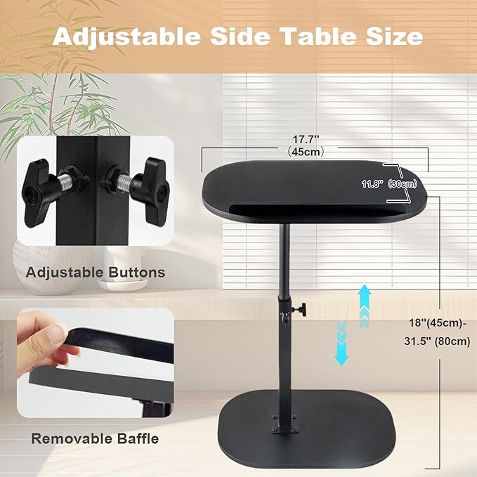 Side Table TV Tray for Couch,90° Tiltable TV Tray Table Height Adjustable 360° Swivel C Shaped End Table for Small Spaces,Bedside Bathroom Living Room(Walnut Color) (Tiltable Black)