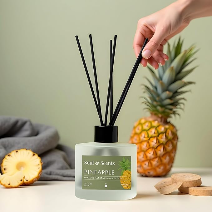 Soul & Scents Reed Diffuser Set – Pineapple | 7.43 oz Refillable Scented Oil with 6 Fiber Sticks | Long-Lasting Home Fragrance & Air Freshener for Bedroom, Bathroom, Office | Gift & Décor Piece