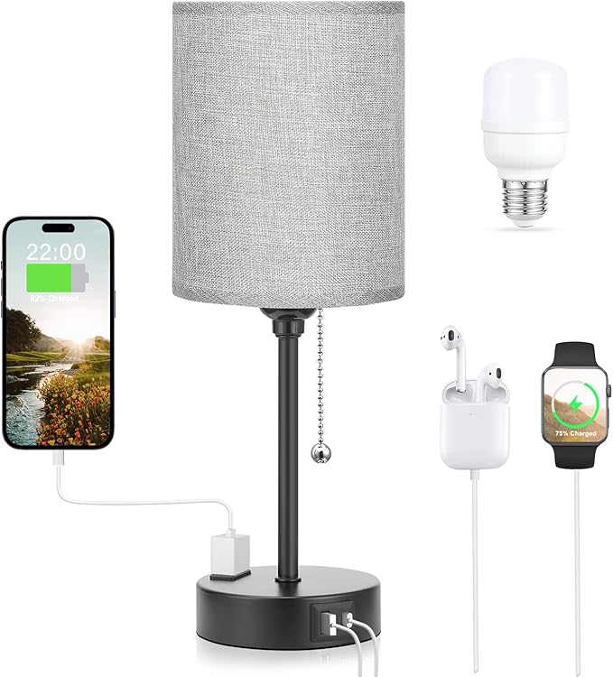 Grey Nightstand Lamps 3 Color Temperatures - 3000K 4000K 5000K Bedside Lamps with USB C and A Ports, Pull Chain Table Lamps with AC Outlet, Small Lamps with Black Metal Base for Sleeping Reading