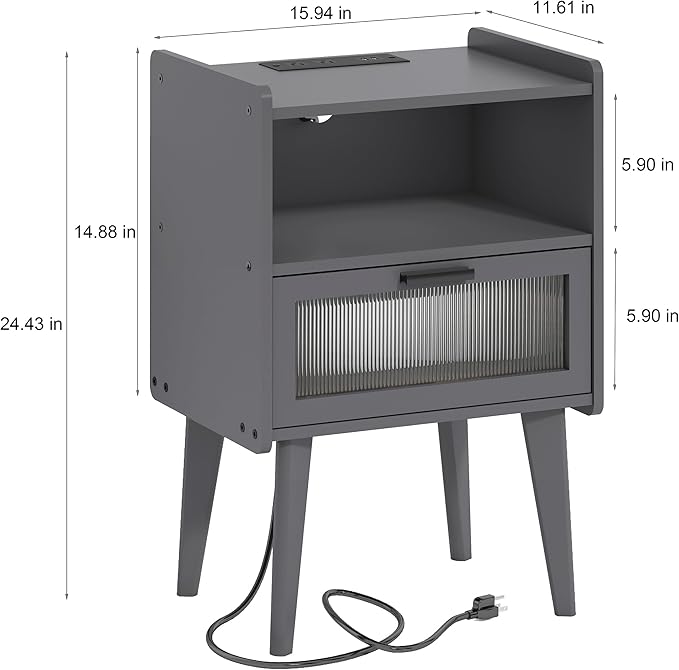 Nightstand with Charging Station, Bedside Tables Set of 2, End Table Side Table with 2 Tiers Storage Space, for Bedroom, Living Room, Grey MLBZ07ZEV-2