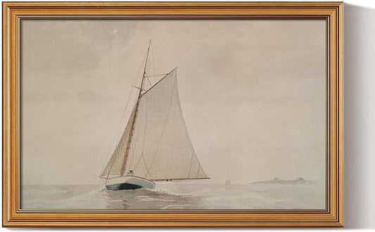 HUARCEY Gold Framed Vintage Wall Art for Living Room, Seaview Painting Prints Shelf Decor for Kitchen, Aesthetic Bedroom Large Wall Art, Gifts for Friends or Family (White Sailboat - 16"x24")