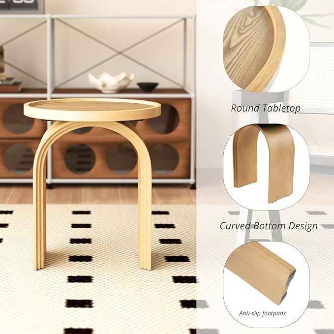 Round Side Table, Farmhouse Wood End Table with Sturdy Base, Small Drink Table for Living Room, Bedroom and Small Spaces