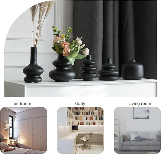 JOJUNO Black Bud Vases, Small Ceramic Vase Set of 5, Mini Pottery Vases for Flowers, Decorative Vases for Home Modern Decor, Boho Decor, Chic Vases for Living Room Dining Table Shelves