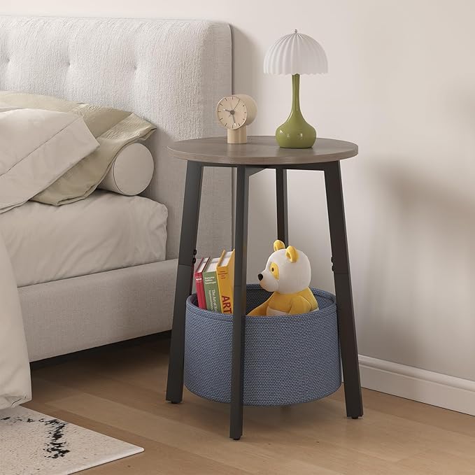 Small Round Side End Table Set of 2 with Cloth Storage Basket, Round Bedside Sofa Couch Coffee Tables for Small Places with Metal Frame, Modern Nighstands for Living Room Bedroom,Grey