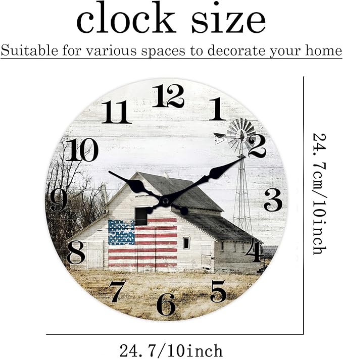 XFM Farmhouse Wall Clock 10 Inch Silent Non-Ticking Battery Operated Clock Rustic Barn Wooden Decorative Clocks for Kitchen Bedroom Office