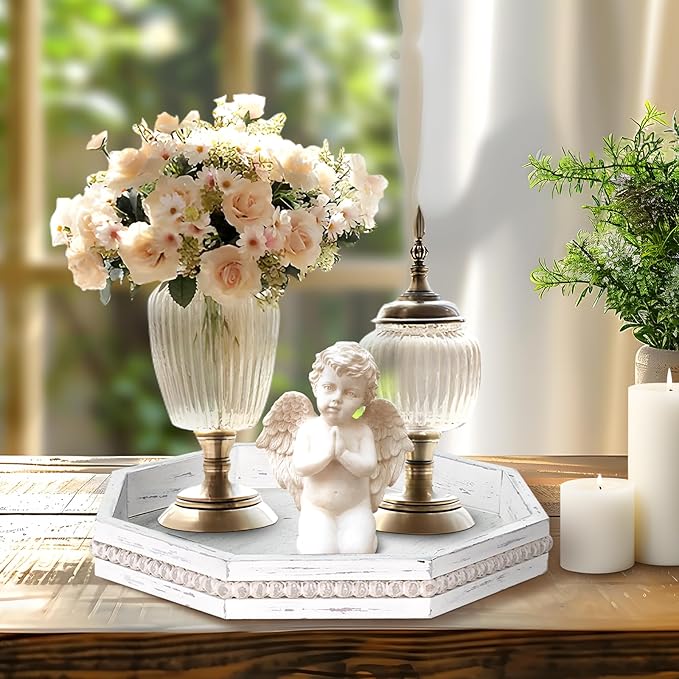 Wooden Decorative Tray, Small Serving Tray with Wood Bead, Farmhouse Big Tray for Ottoman, Countertop, Coffee Tabl, 13" x 13"x 1.6" (Retro White)