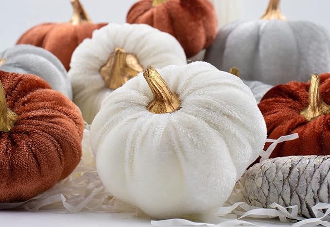18 PCS Velvet Pumpkins for Fall Table Decor, Artificial Pumpkins, Faux Fake Pumpkin Home Decorations for Autumn Harvest, Thanksgiving, Wedding, Halloween, Table Centerpieces (Multi-Color Velvet)