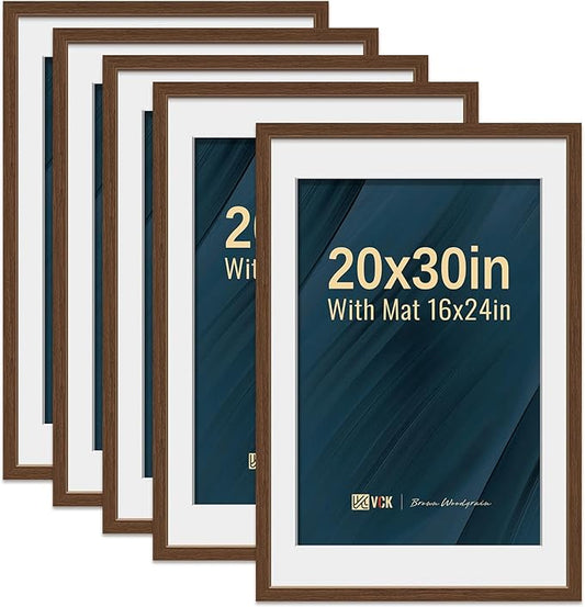 VCK 20x30 Poster Frame 5 Pack - Brown, High-End Wood Picture Frames with Polished Plexiglass, Display 16x24 Photo with Mat or 20x30 without Mat, Art Gallery-Quality, Wall Hanging, Brown