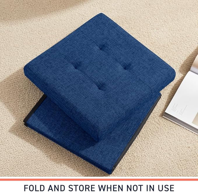 Ornavo Home Foldable Tufted Linen Storage Ottoman Square Cube Foot Rest Stool/Seat - 15" x 15" x 15" (Navy)