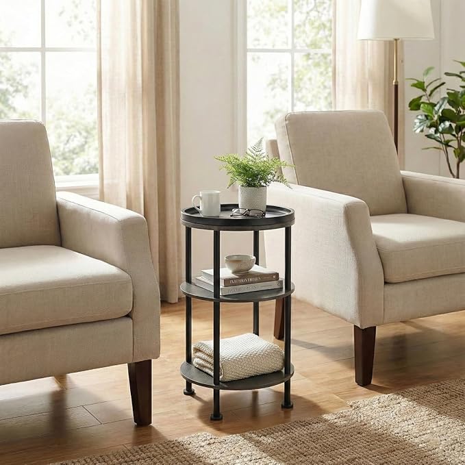 Small Round Side Table, Rustic Grey End Table with Tray Top, 3-Tier Greige Nightstand for Living Room & Bedroom, 11.8" Narrow Corner Table, 21.7" H Industrial Accent Furniture for Small Spaces, Grey