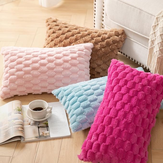 MANDIOO Pack of 2 Hot Pink Super Soft Plush Fluffy Decorative Throw Pillow Covers 18x18 inch Faux Fur Wool Velvet Cushion Covers Pillow Cases Couch Sofa Bed Living Room